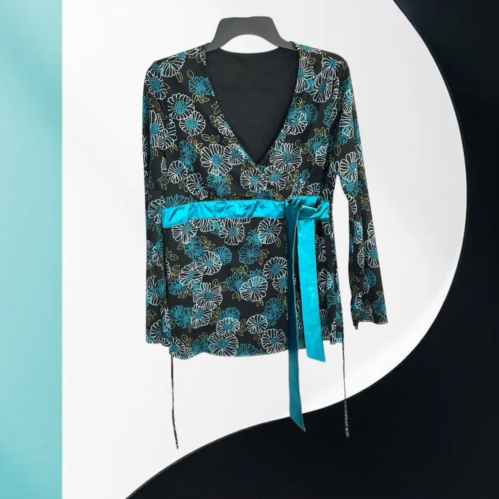 Unbranded Black Gold Dark Dusty Blue White Floral Lined Peplum Tie Blouse Wm Lg - Picture 2 of 6